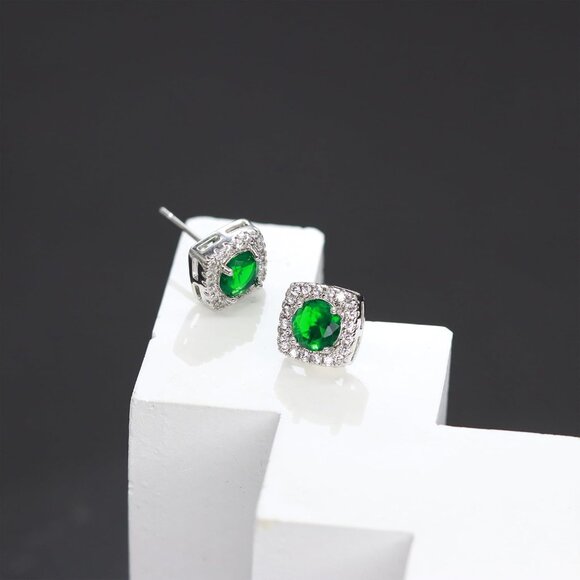 Women's Green Square Simulated Dainty Diamond Halo Sparkling Stud Earring - Picture 8 of 9